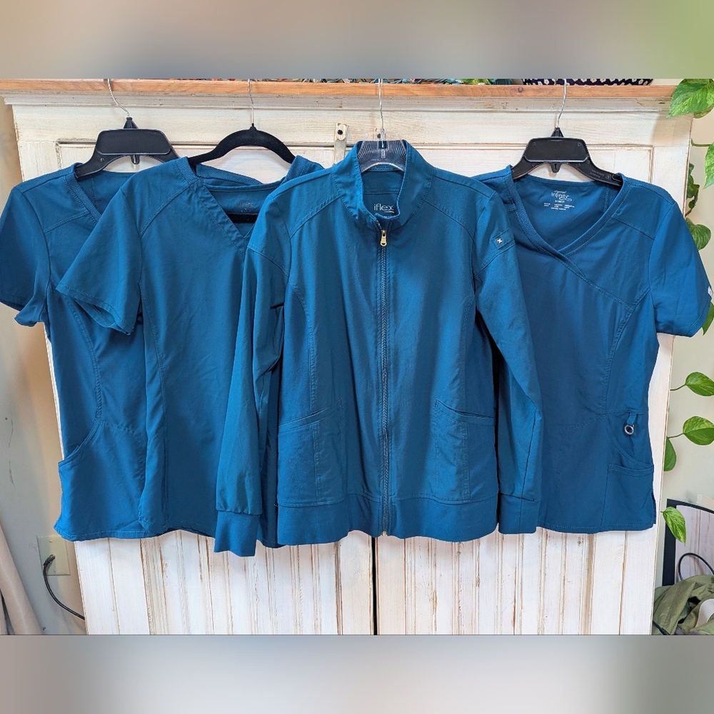 Cherokee Infinity, Caribbean Blue Lot of 3 Scrub Tops & One Warm Up Jacket Small